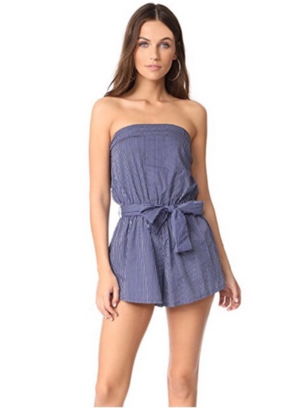 Faithfull the Brand Strapless Romper in Blue Pinstripe